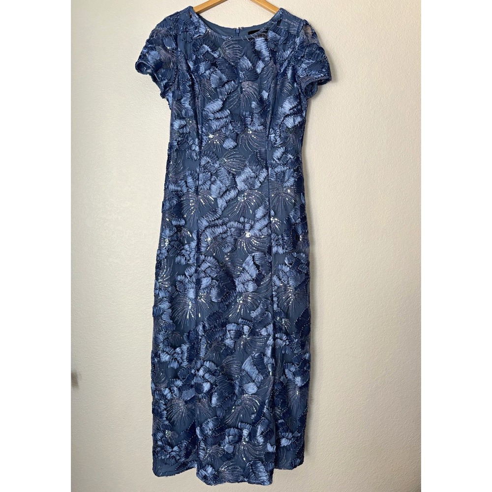 Alex Evenings Blue Floral Lace Sequin Long A-Line Dress Women's 14 Formal